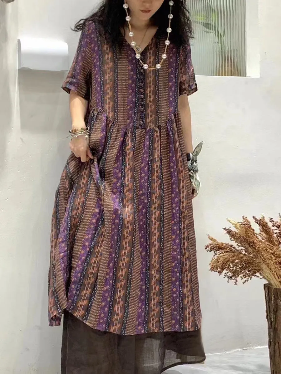 FLYTONN- Women Summer Vintage V-Neck Floral Spliced Ramie Dress HH049