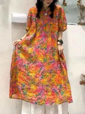 FLYTONN- Women Vintage Summer Floral Shirred Ramie Dress TY1041