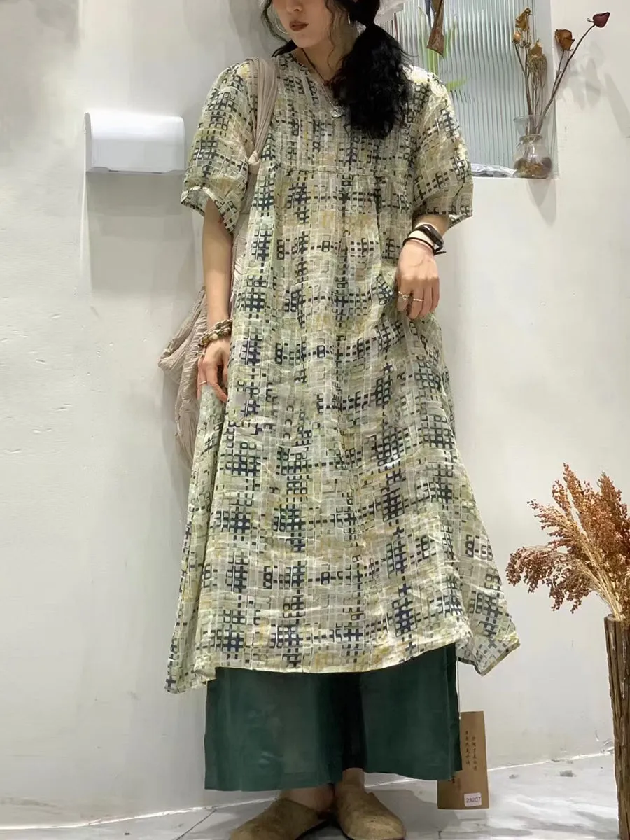 FLYTONN- Women Vintage Summer Floral Shirred Ramie Dress TY1041