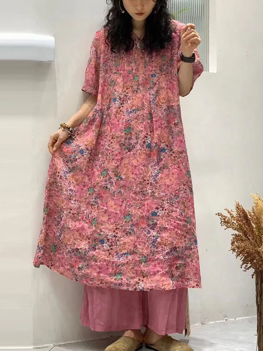 FLYTONN- Women Vintage Summer Floral Shirred Ramie Dress TY1041