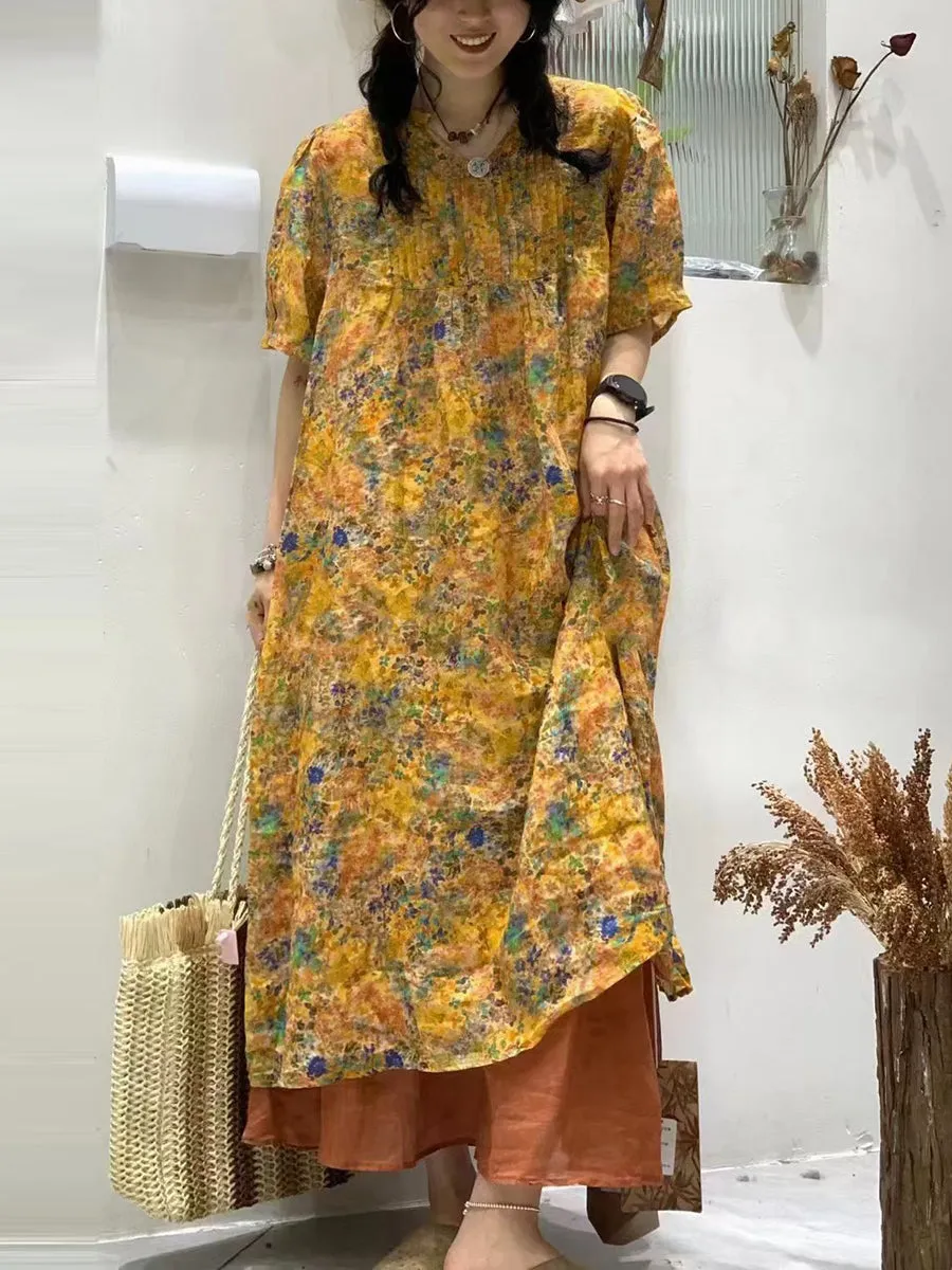FLYTONN- Women Vintage Summer Floral Shirred Ramie Dress TY1041