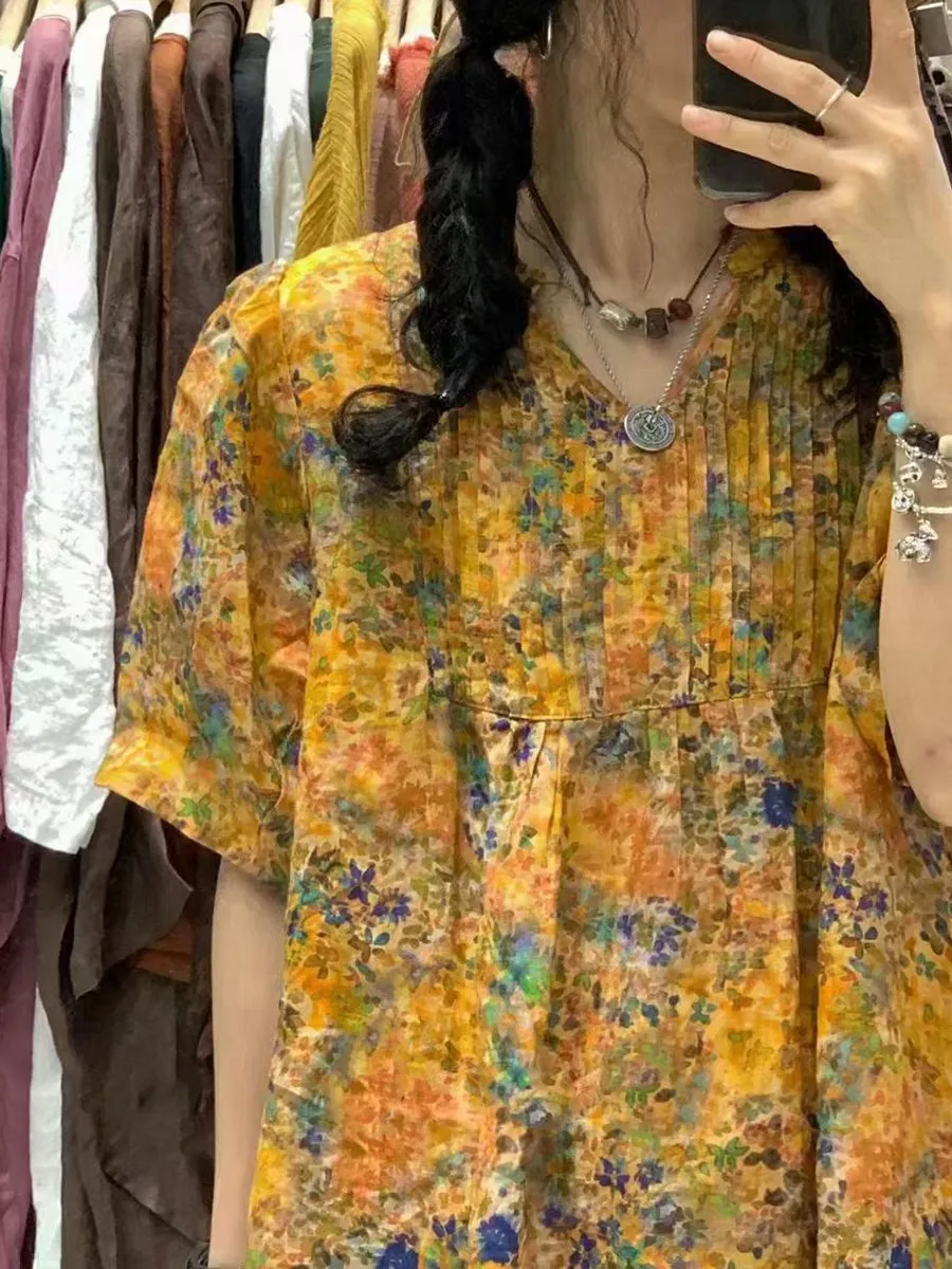 FLYTONN- Women Vintage Summer Floral Shirred Ramie Dress TY1041