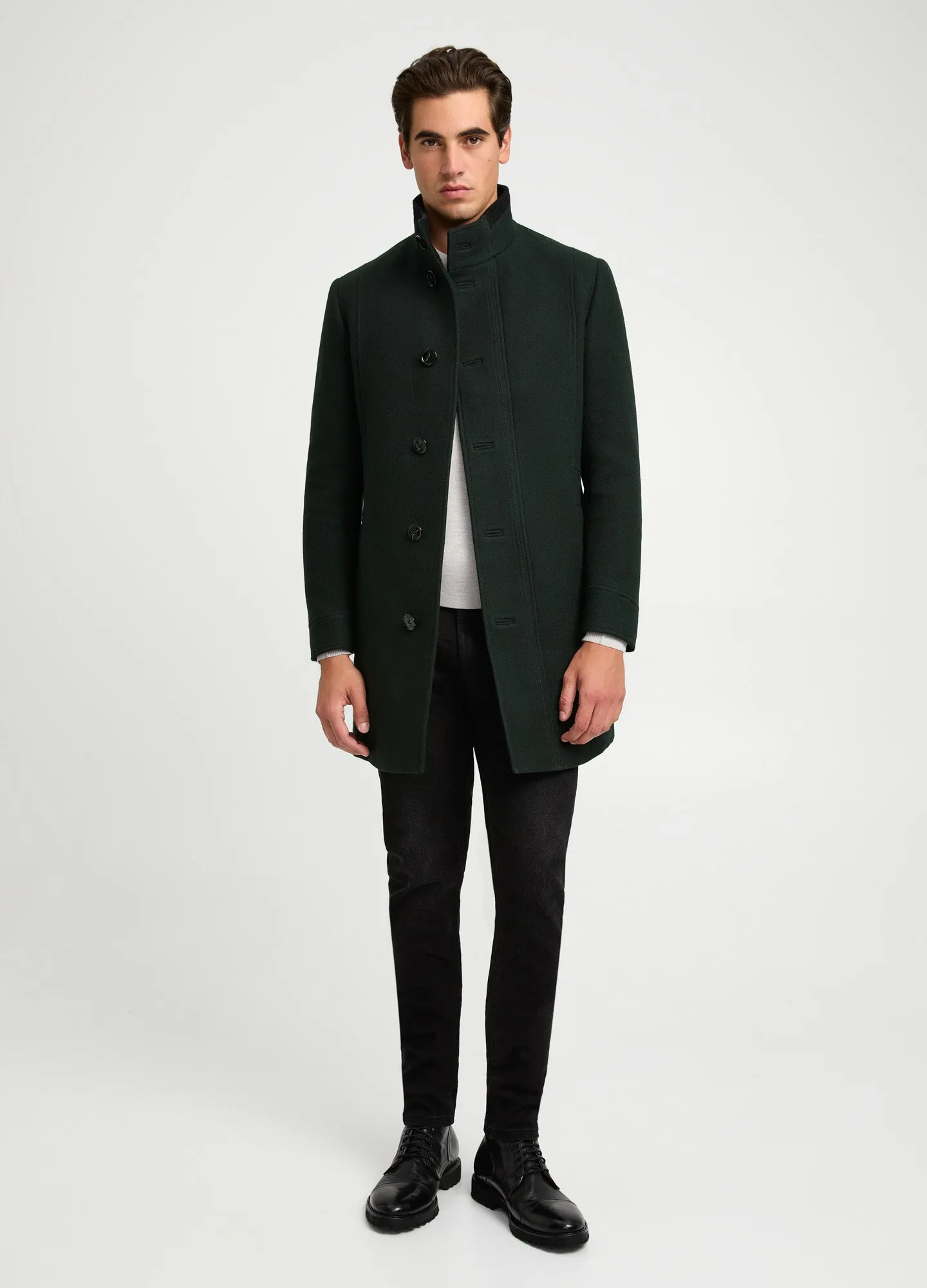 Funnel Neck Melton Coat Dark Green