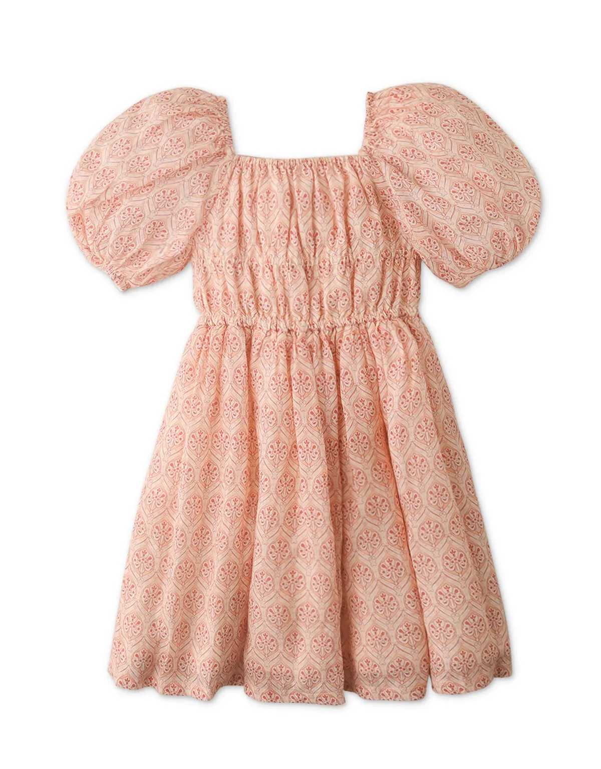 GIRLS BLOCKED PRINT SMOCKED BODICE DRESS WITH PUFF SLEEVES