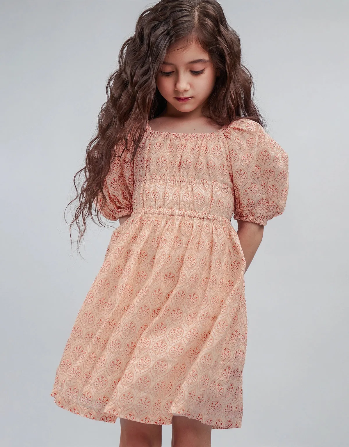 GIRLS BLOCKED PRINT SMOCKED BODICE DRESS WITH PUFF SLEEVES