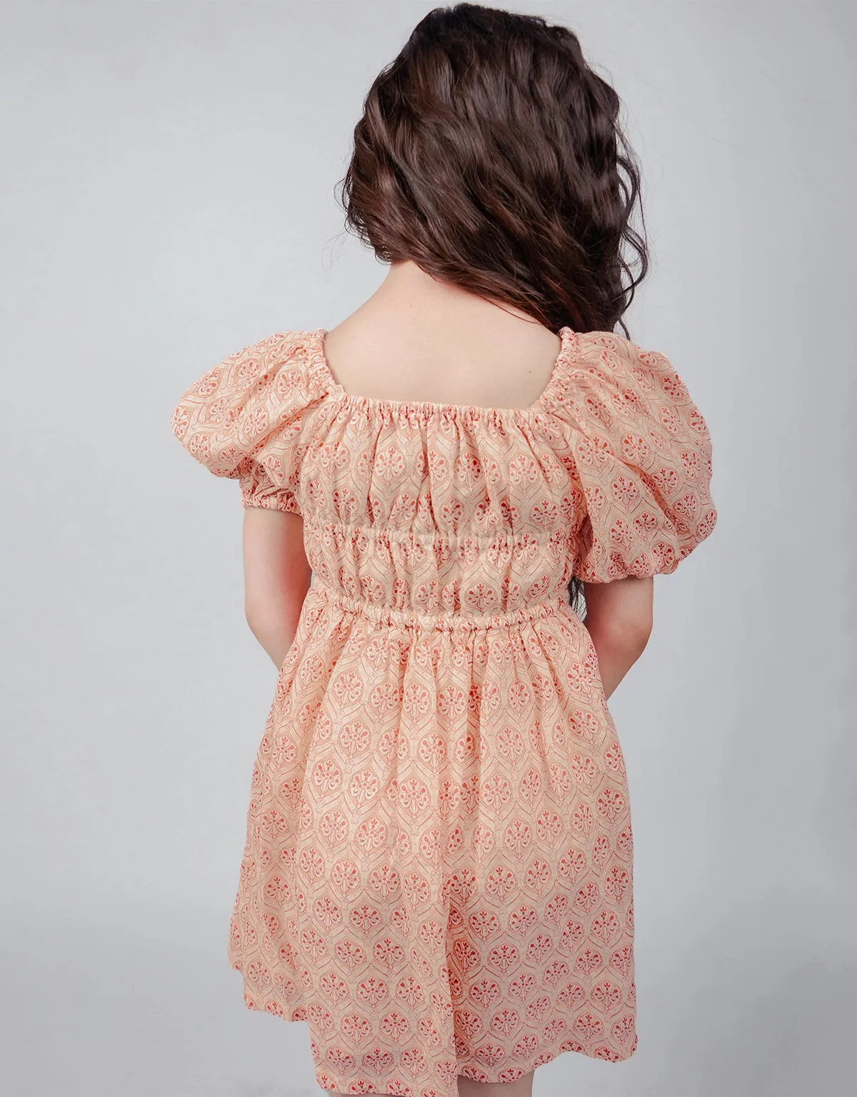 GIRLS BLOCKED PRINT SMOCKED BODICE DRESS WITH PUFF SLEEVES