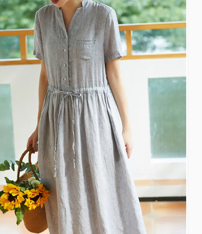 Gray Women Dresses Ramie Casual Summer Buttons Linen Shirts Women Dresses SSM97215