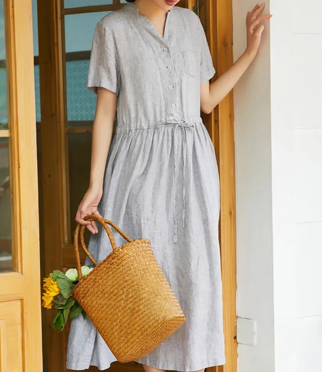 Gray Women Dresses Ramie Casual Summer Buttons Linen Shirts Women Dresses SSM97215