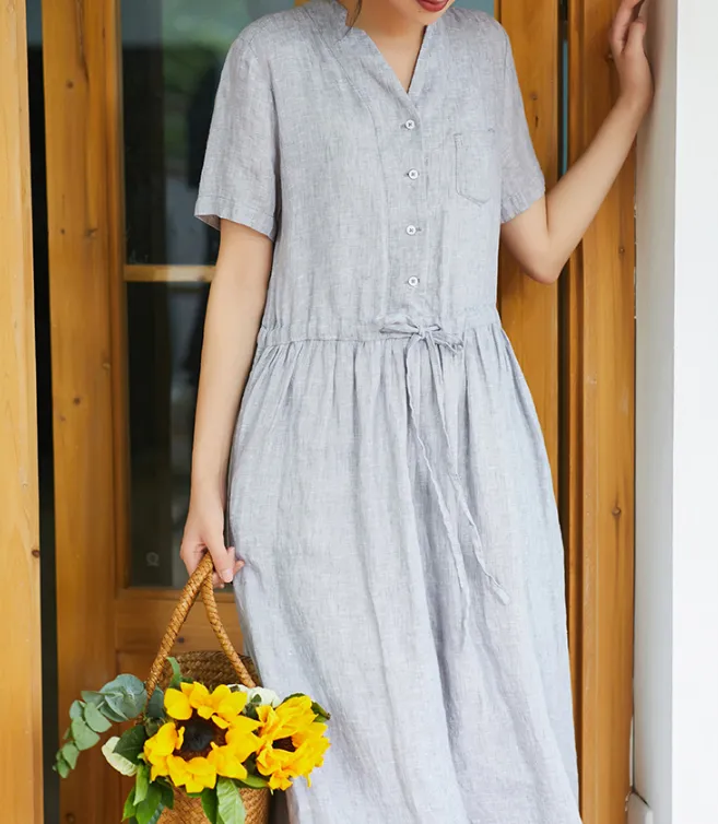 Gray Women Dresses Ramie Casual Summer Buttons Linen Shirts Women Dresses SSM97215
