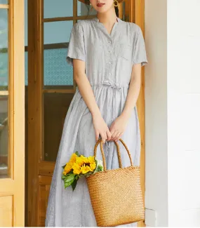Gray Women Dresses Ramie Casual Summer Buttons Linen Shirts Women Dresses SSM97215