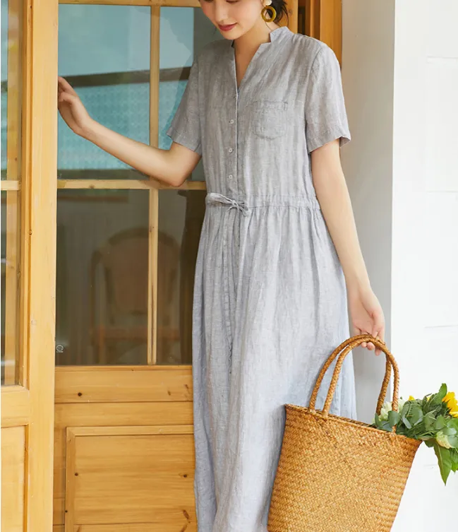 Gray Women Dresses Ramie Casual Summer Buttons Linen Shirts Women Dresses SSM97215