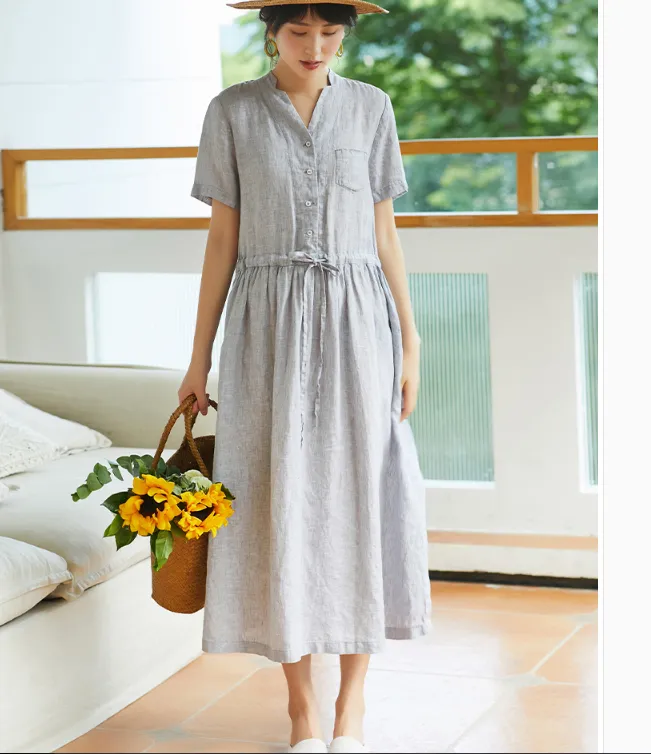 Gray Women Dresses Ramie Casual Summer Buttons Linen Shirts Women Dresses SSM97215