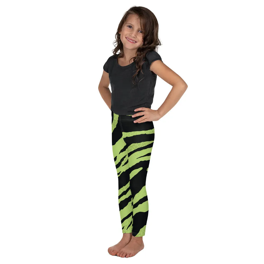 Green Tiger Striped Kid's Leggings, Tiger Print Cute Premium Bestselling Kid's Leggings- Made in USA/EU