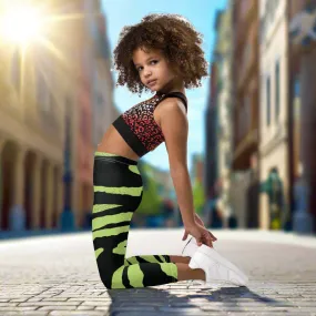 Green Tiger Striped Kid's Leggings, Tiger Print Cute Premium Bestselling Kid's Leggings- Made in USA/EU