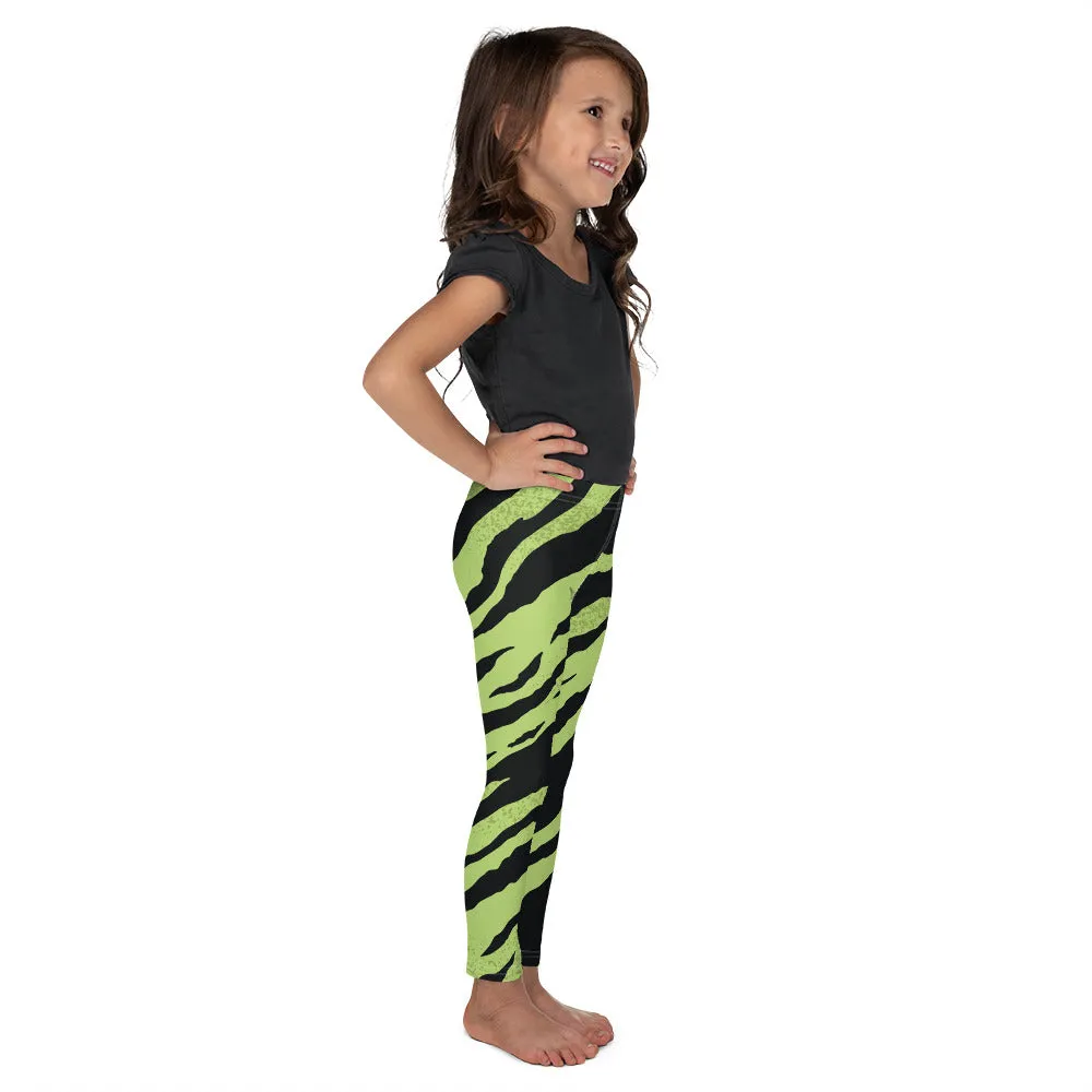 Green Tiger Striped Kid's Leggings, Tiger Print Cute Premium Bestselling Kid's Leggings- Made in USA/EU
