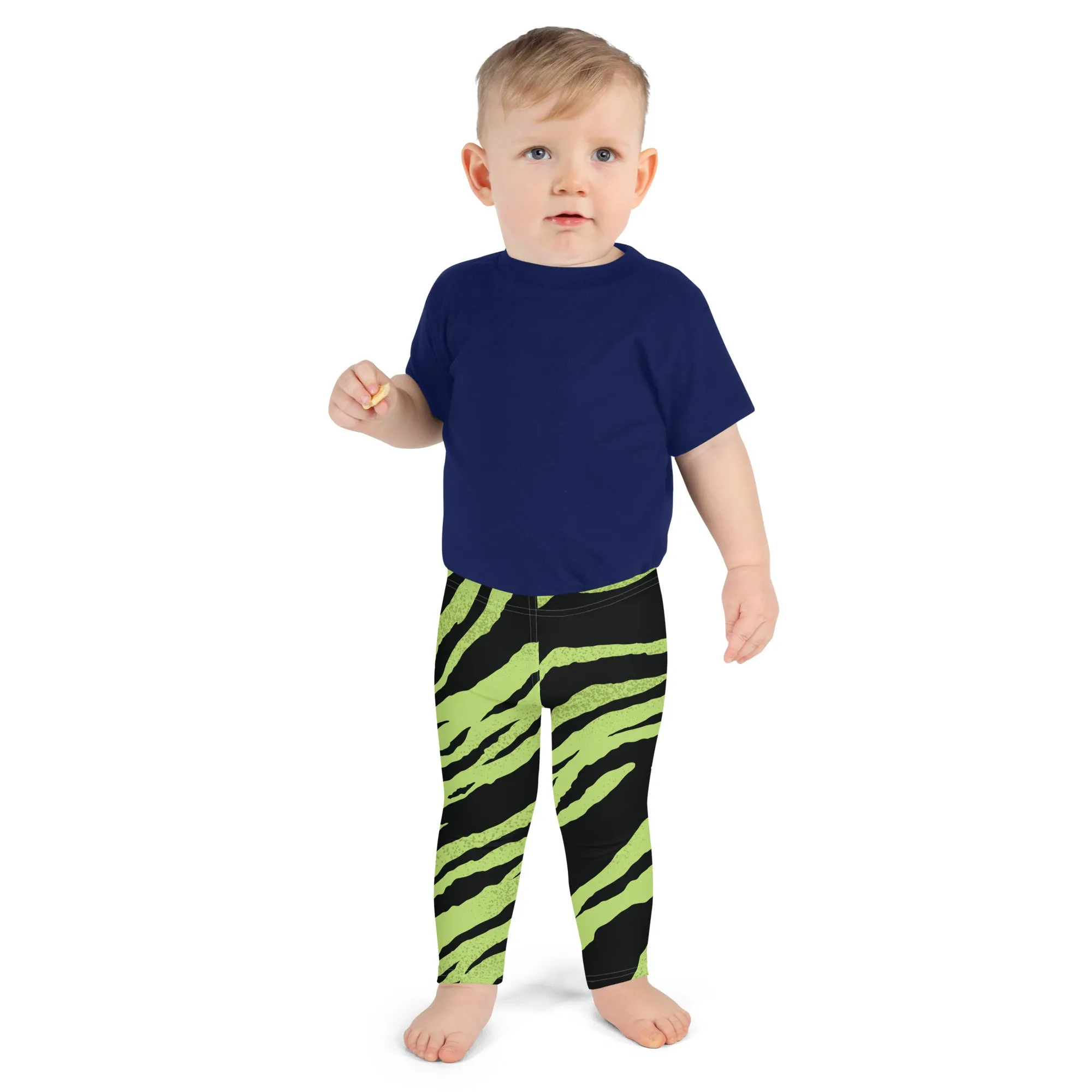Green Tiger Striped Kid's Leggings, Tiger Print Cute Premium Bestselling Kid's Leggings- Made in USA/EU