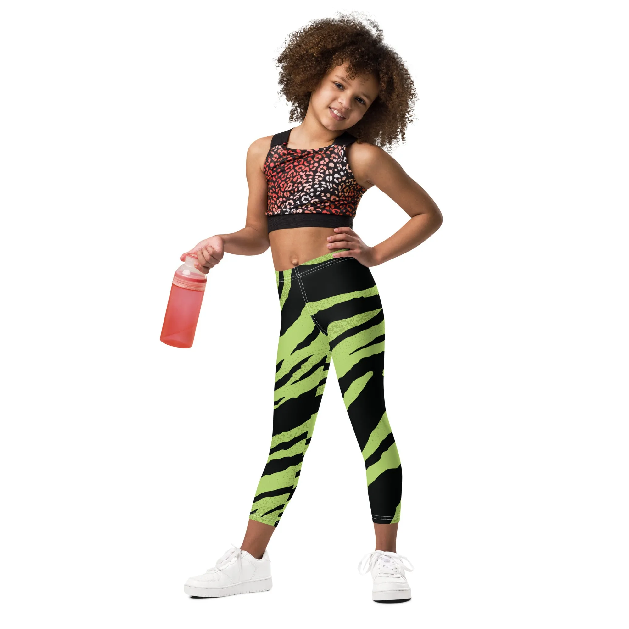 Green Tiger Striped Kid's Leggings, Tiger Print Cute Premium Bestselling Kid's Leggings- Made in USA/EU