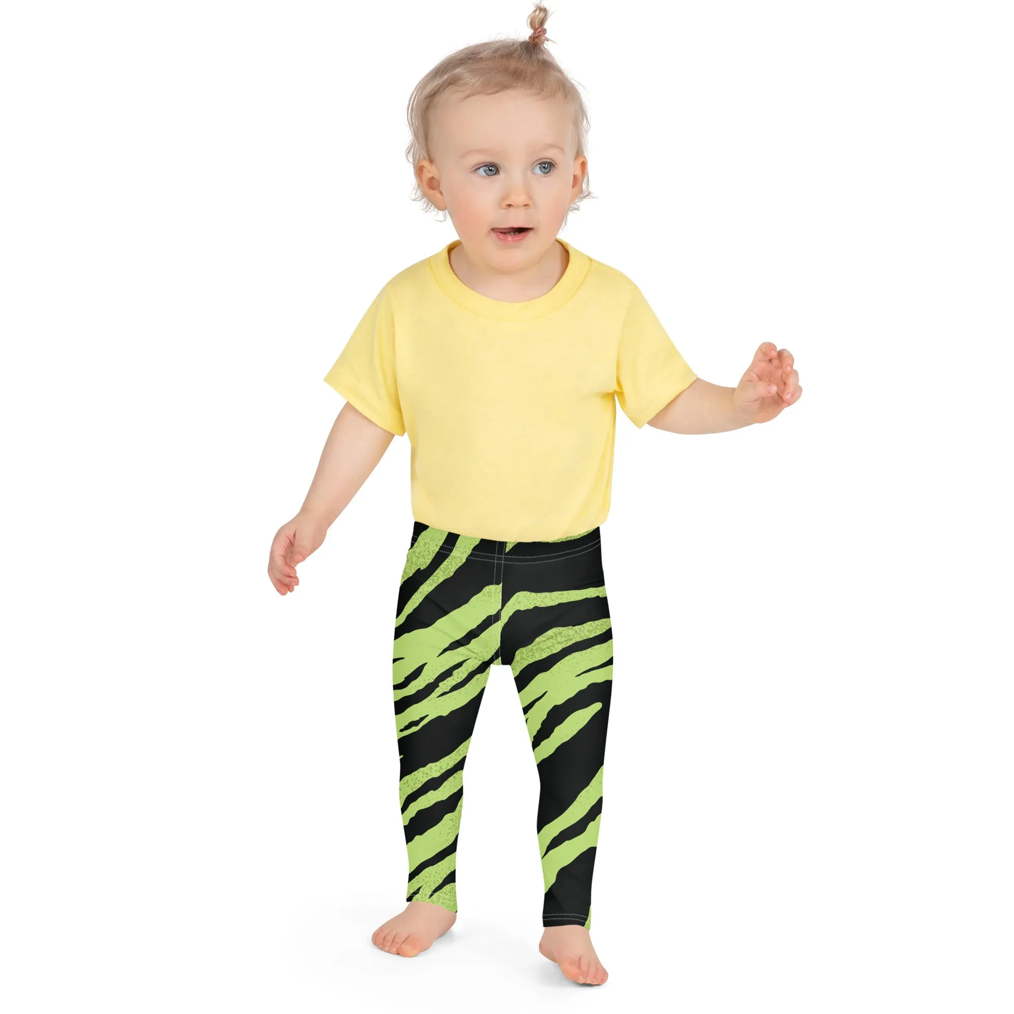 Green Tiger Striped Kid's Leggings, Tiger Print Cute Premium Bestselling Kid's Leggings- Made in USA/EU