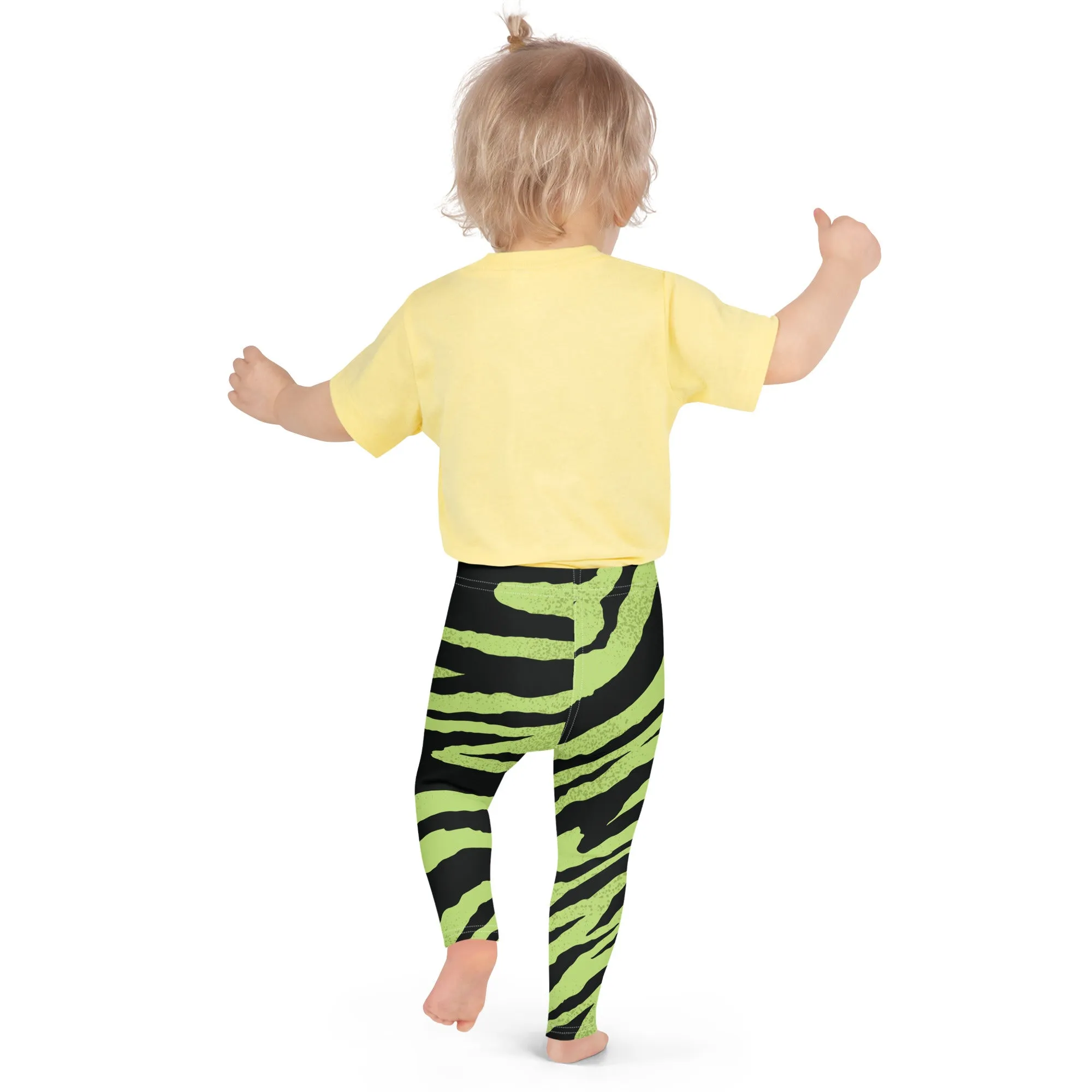 Green Tiger Striped Kid's Leggings, Tiger Print Cute Premium Bestselling Kid's Leggings- Made in USA/EU