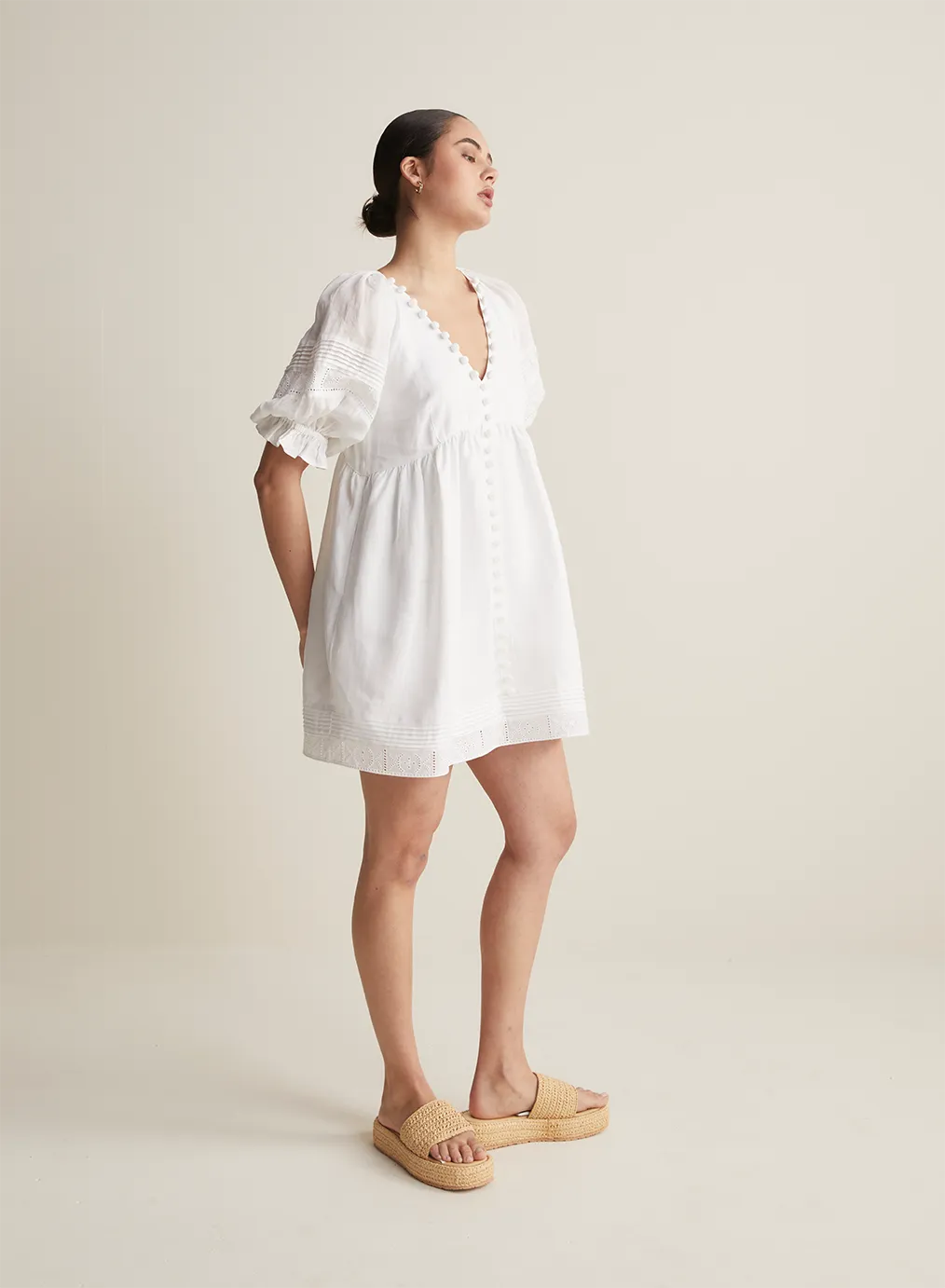 Gwendalin Linen Mini Smock Dress | Optical White