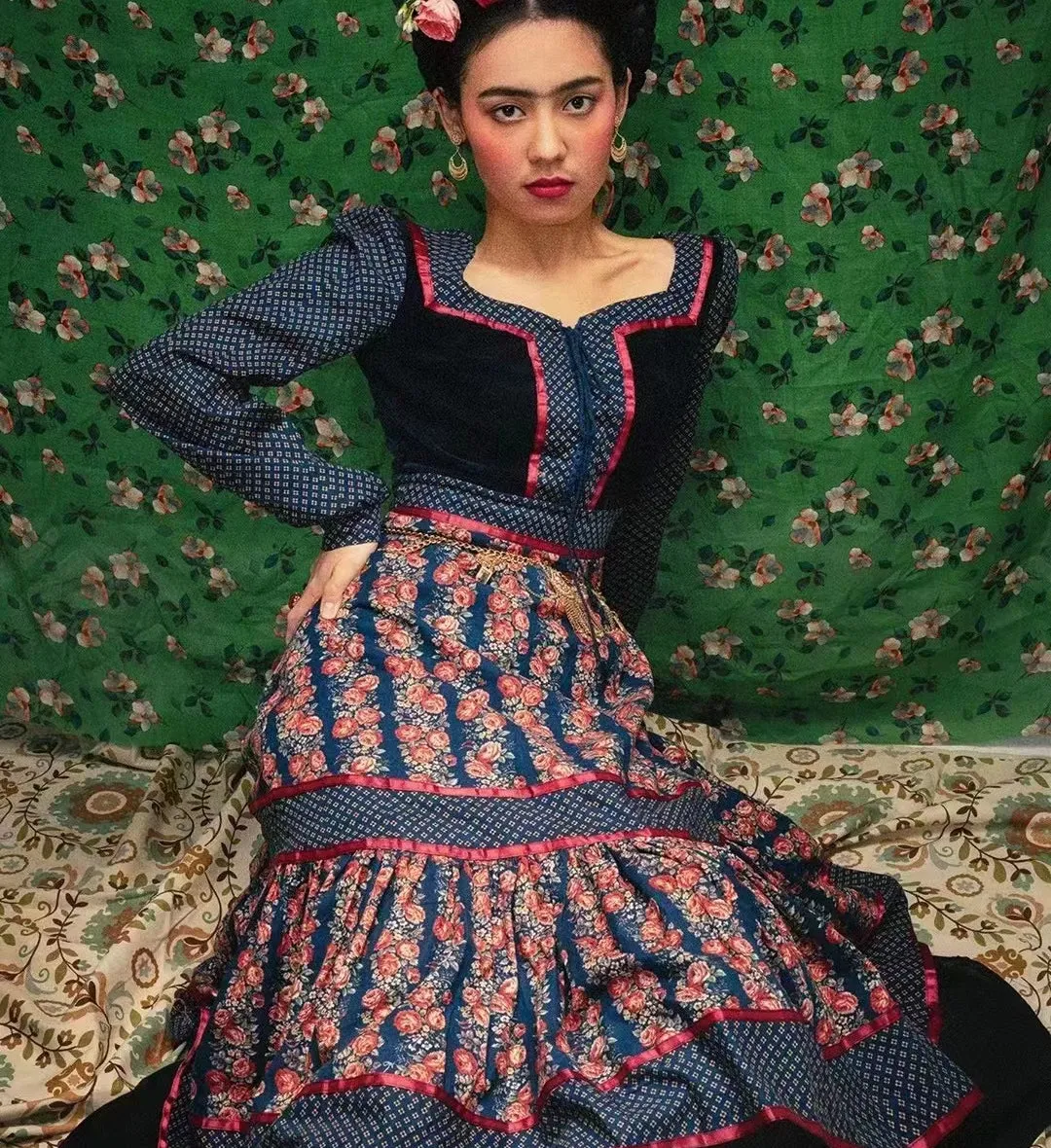 Handmade Gunne Sax Remake Cabbage Rose Long sleeves Dress