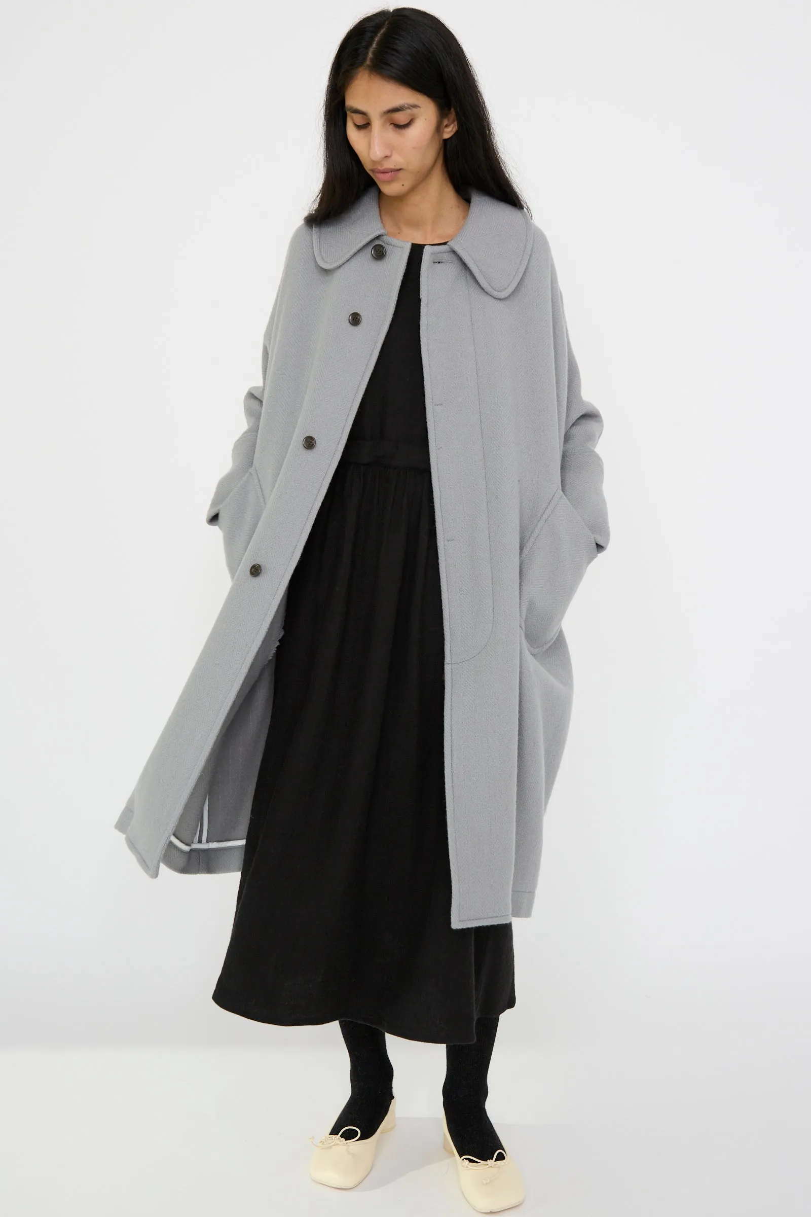 Herringbone Shetland Wool Dolman Sleeve Coat in Gray