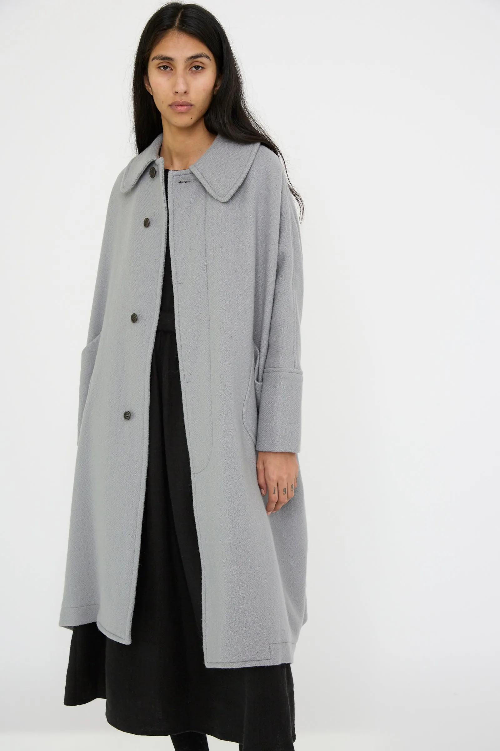 Herringbone Shetland Wool Dolman Sleeve Coat in Gray