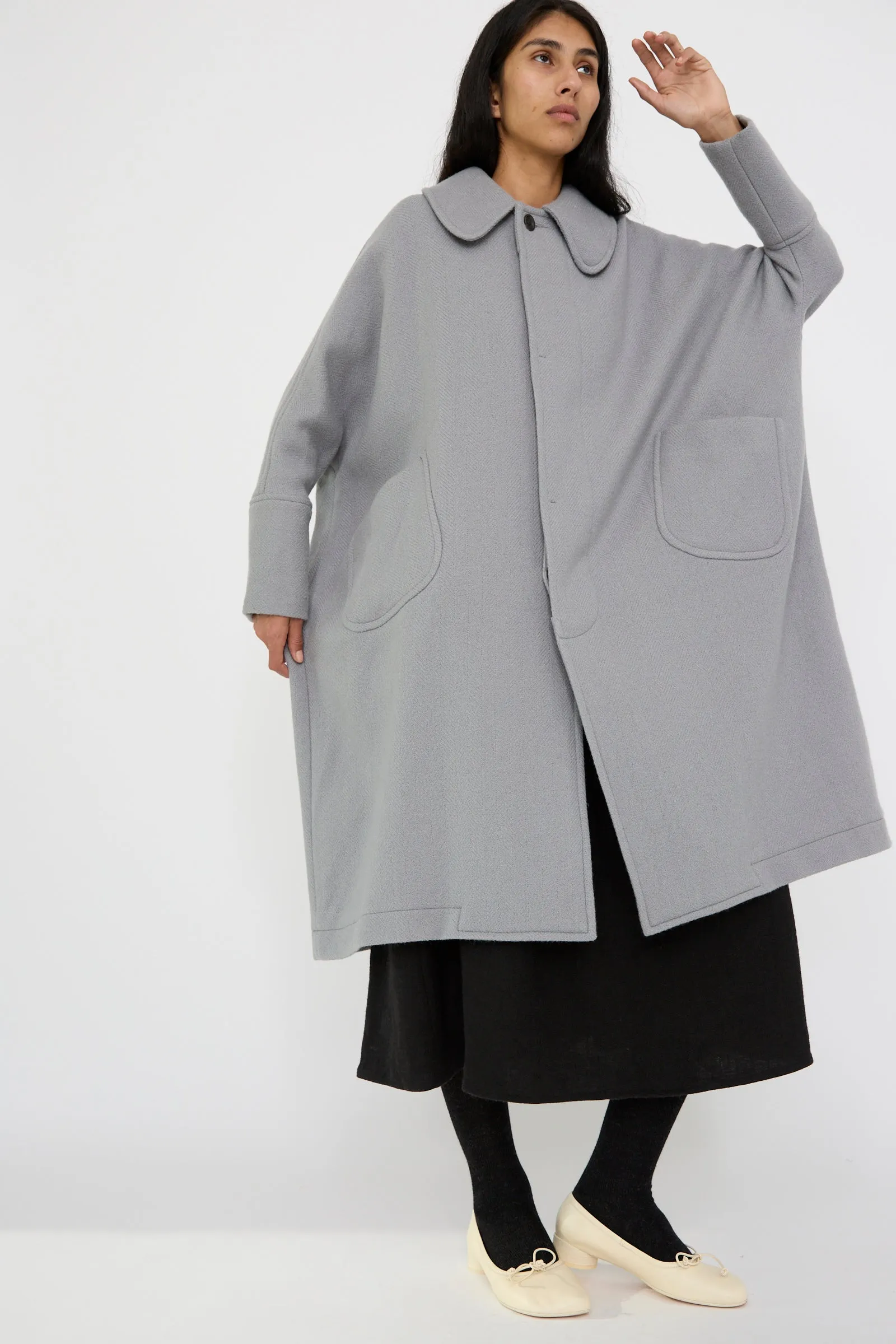 Herringbone Shetland Wool Dolman Sleeve Coat in Gray