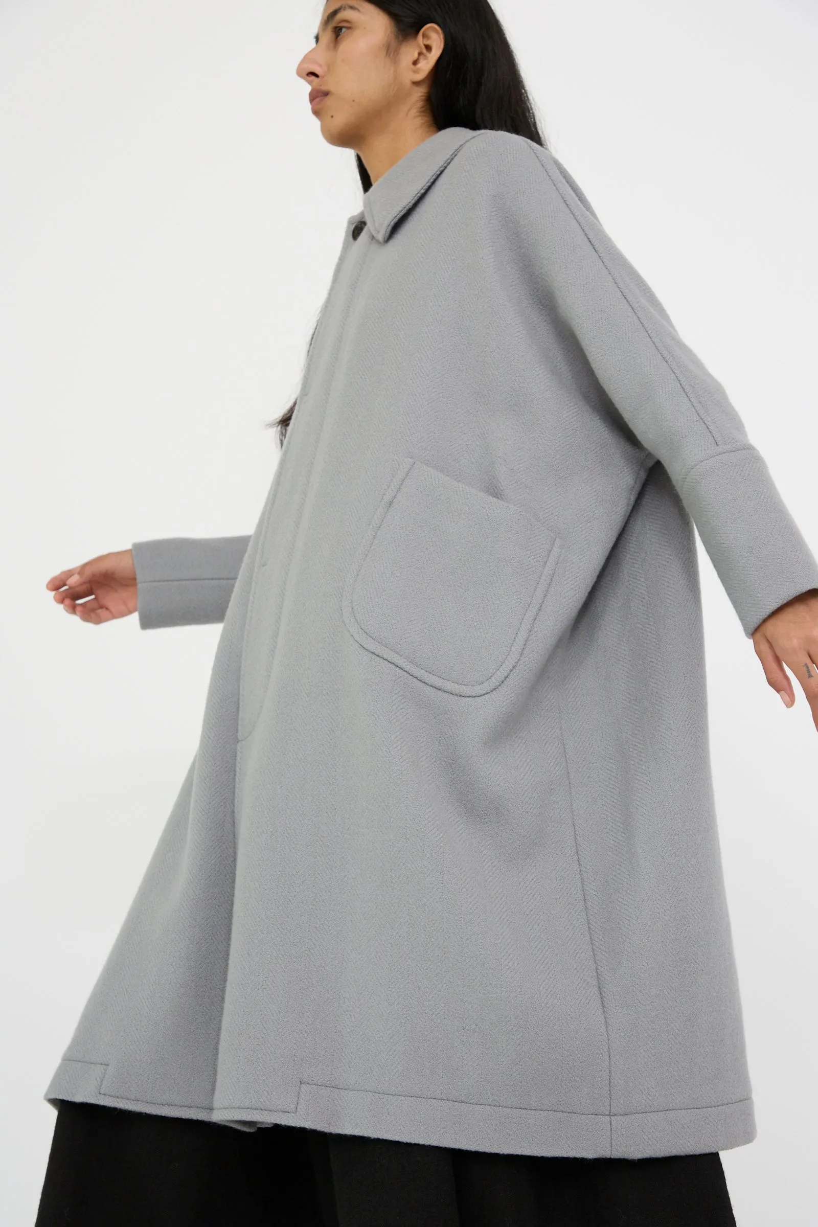 Herringbone Shetland Wool Dolman Sleeve Coat in Gray