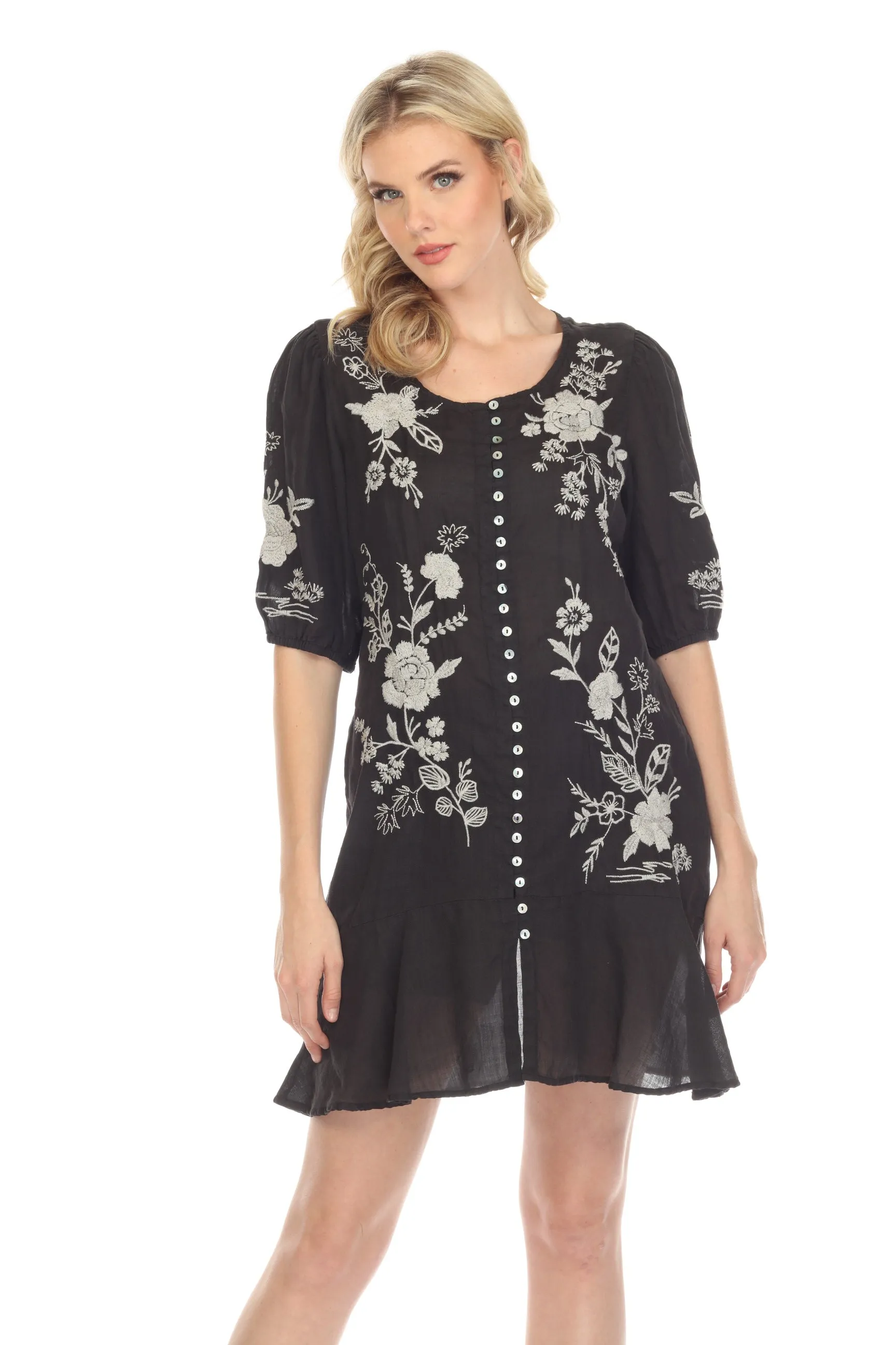 Johnny Was Workshop Black Osiris Puff Sleeve Button-Down Dress Boho Chic W35822