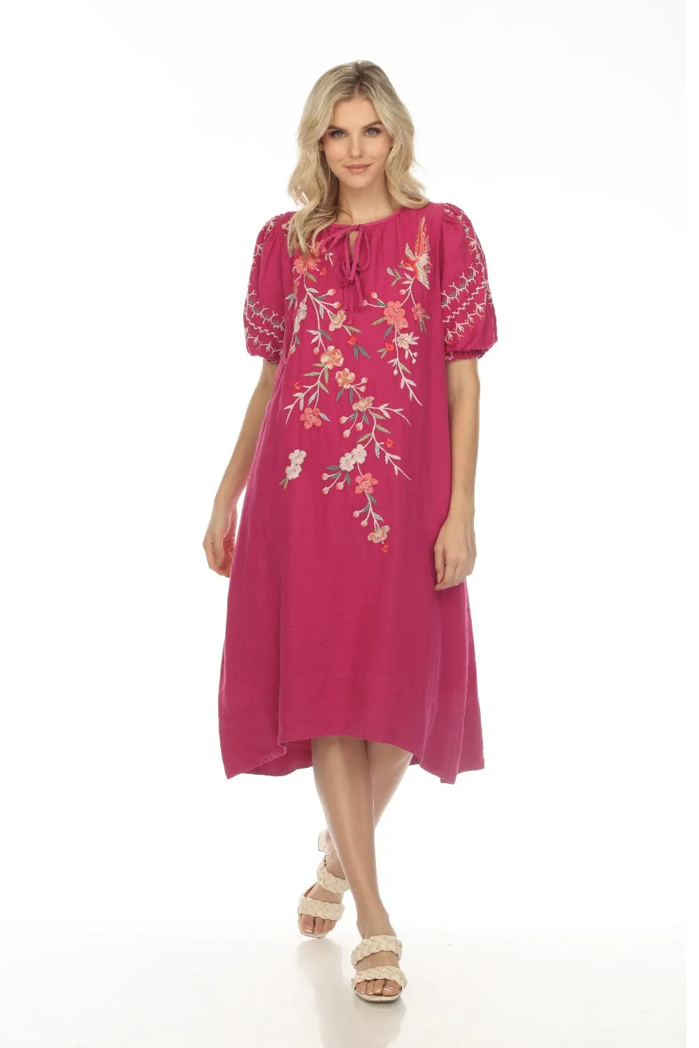 Johnny Was Workshop Cherri Tie Neck Embroidered Midi Dress Boho Chic W37023