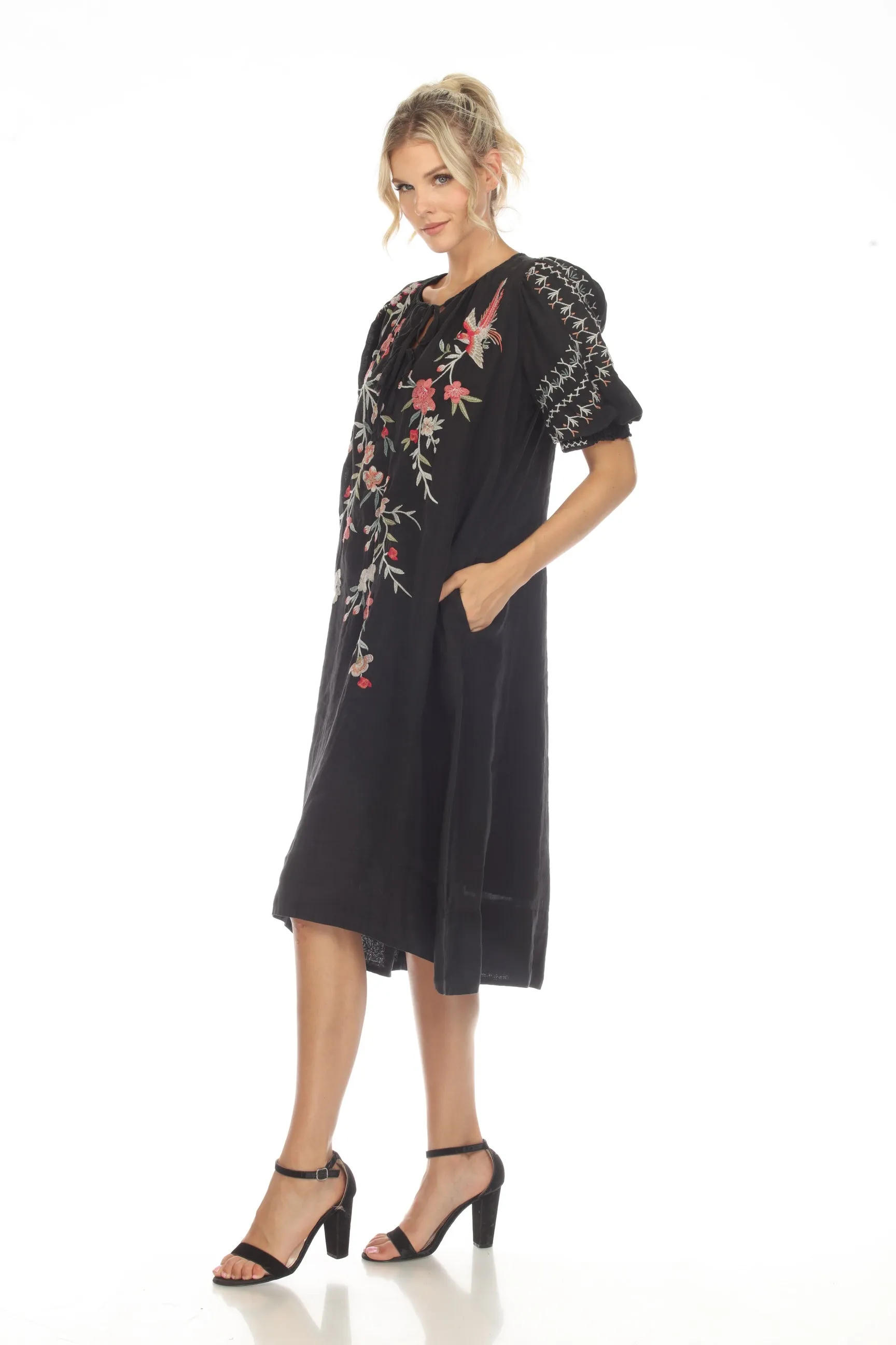 Johnny Was Workshop Cherri Tie Neck Embroidered Midi Dress Boho Chic W37023