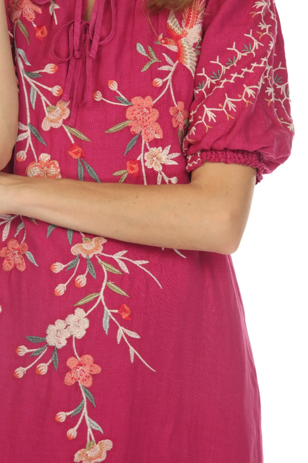 Johnny Was Workshop Cherri Tie Neck Embroidered Midi Dress Boho Chic W37023