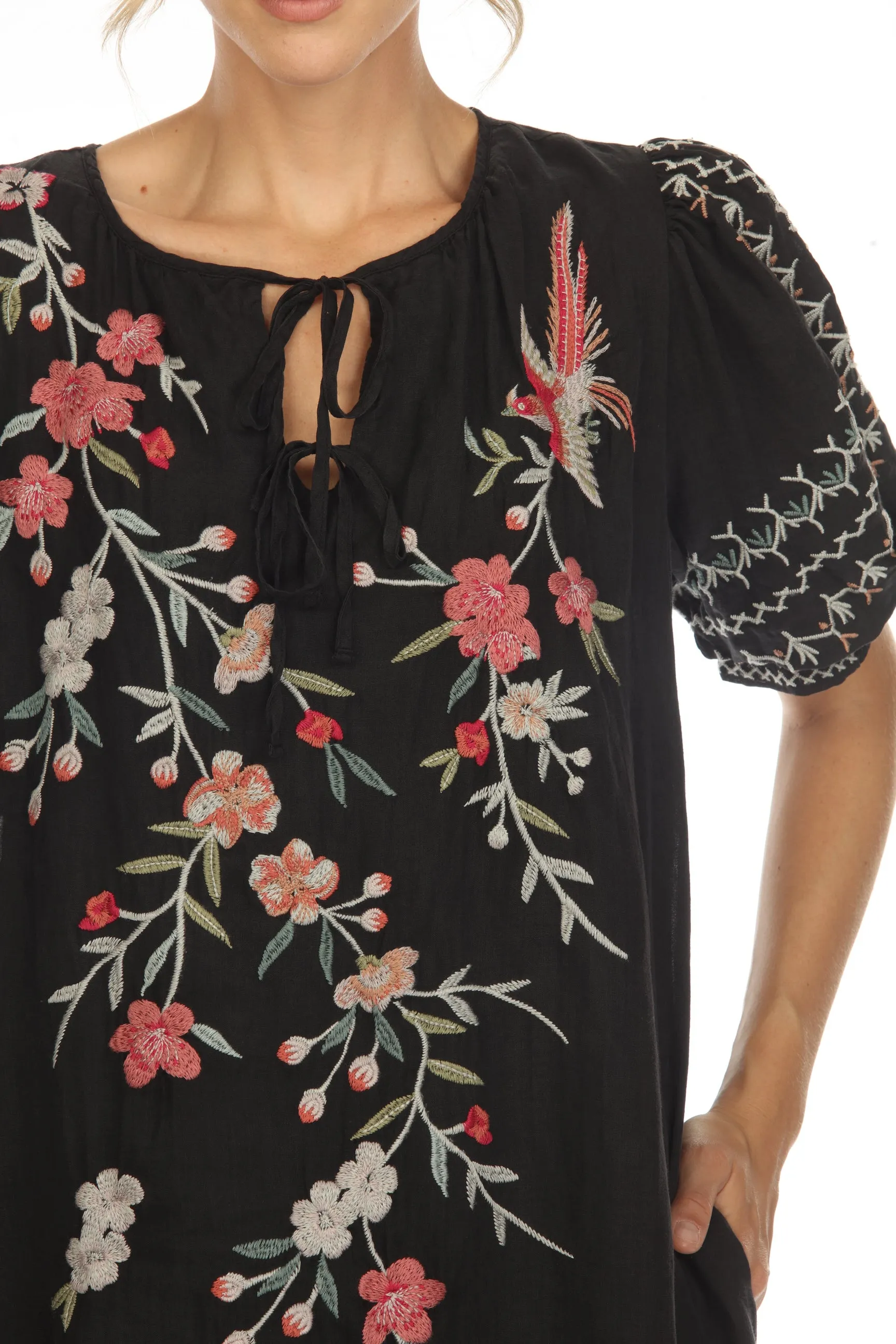 Johnny Was Workshop Cherri Tie Neck Embroidered Midi Dress Boho Chic W37023