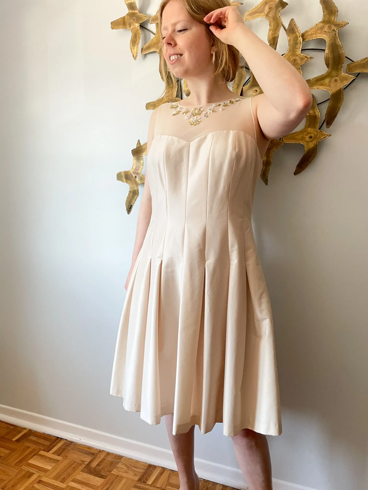 Jones New York Oyster Cream Fit Flare Pleated Dress - Size 12