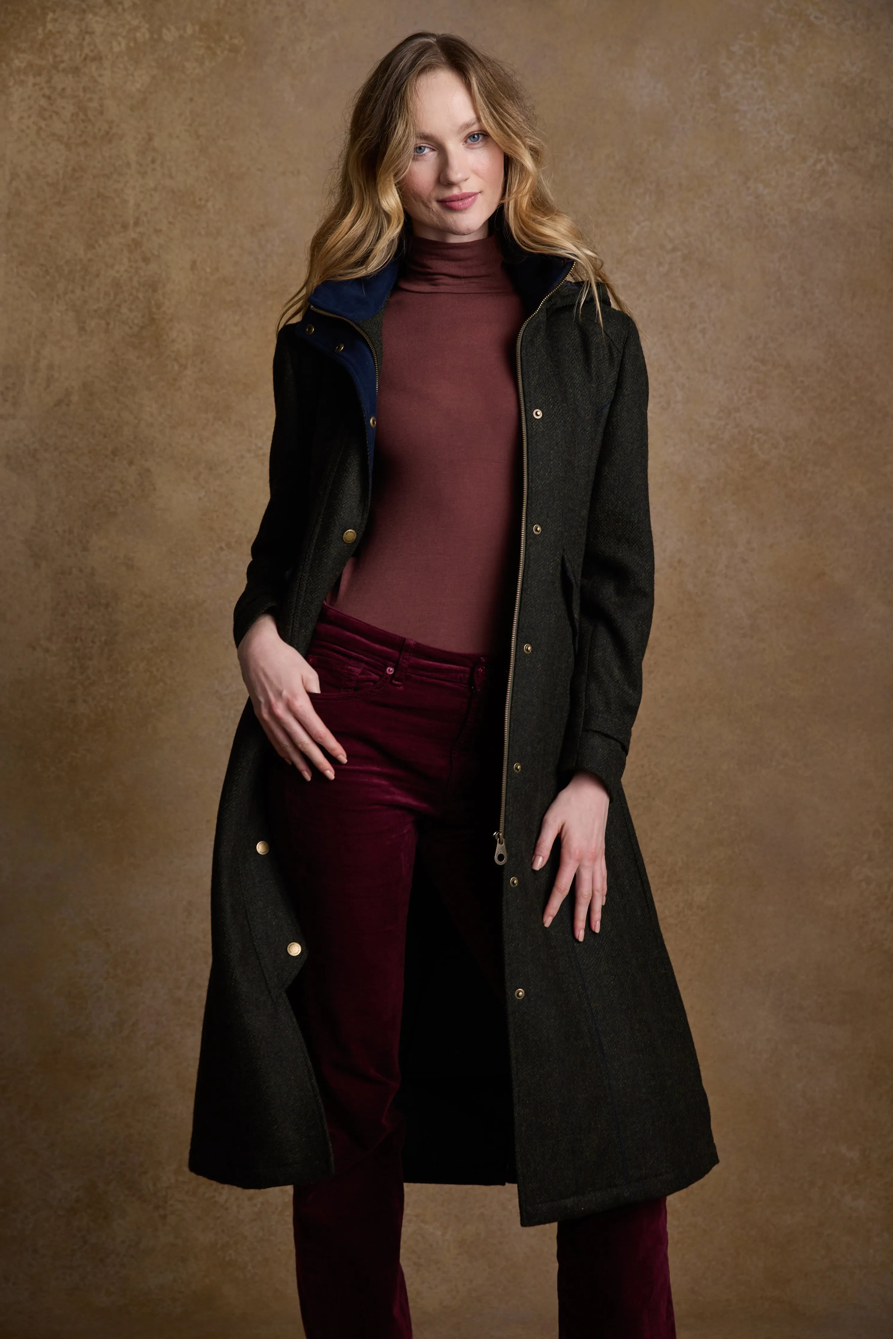 Julia Long Tweed Coat - Deep Green Herringbone