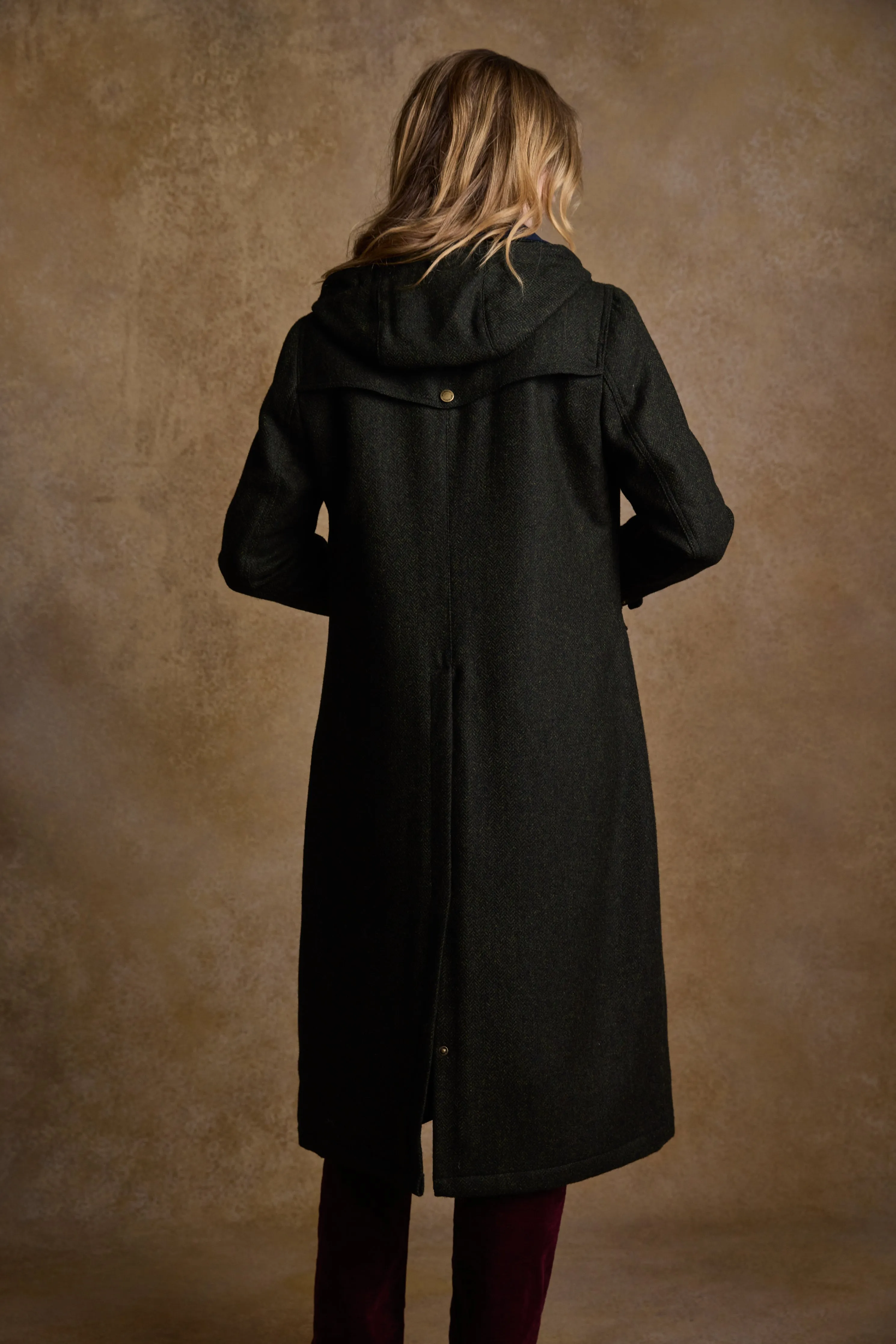 Julia Long Tweed Coat - Deep Green Herringbone