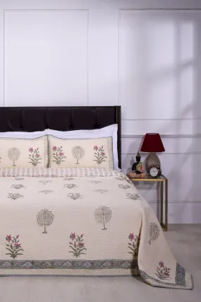 Kashmiri Floral Block Printed Beige Cotton Bedcover