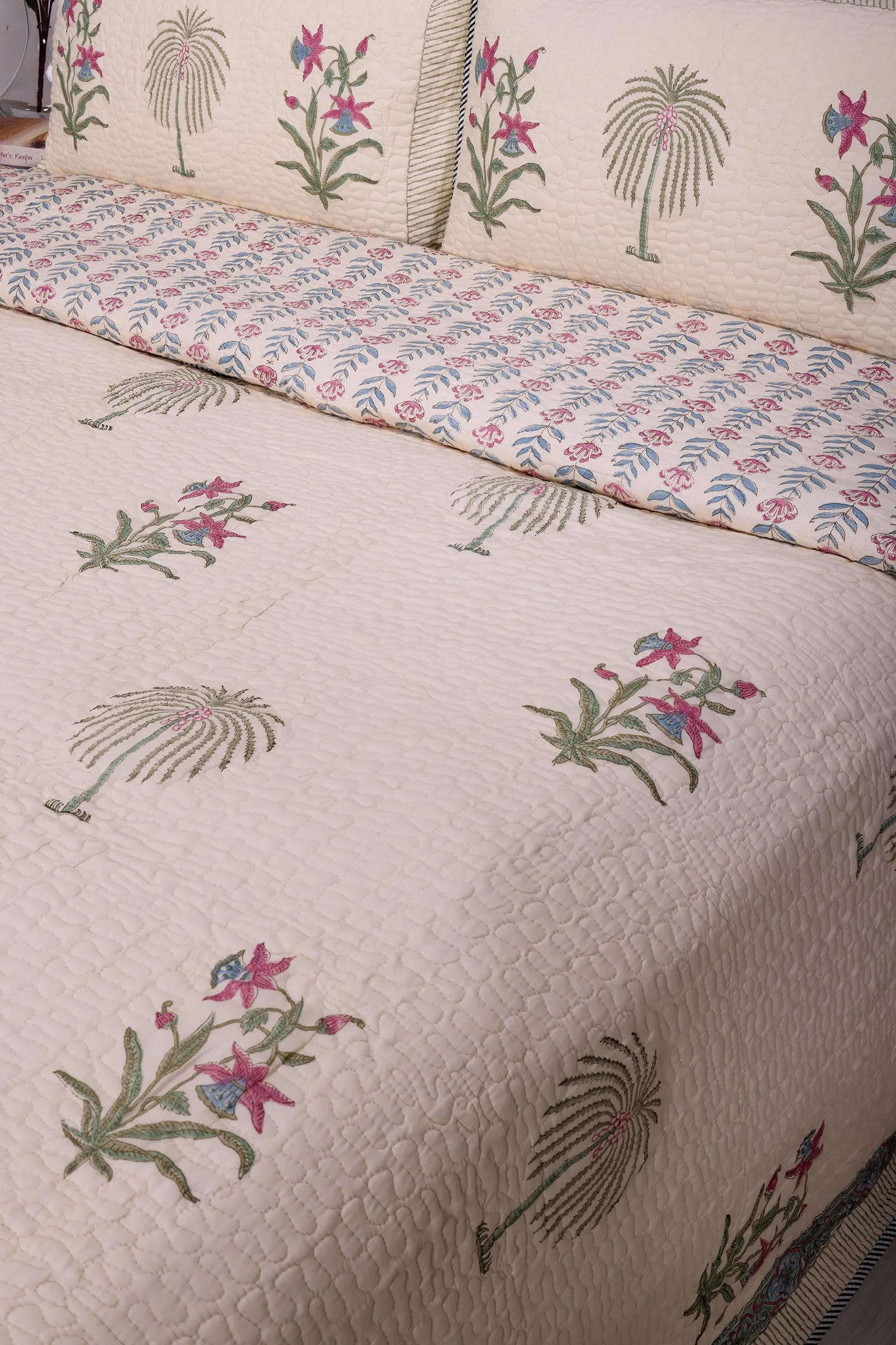 Kashmiri Floral Block Printed Beige Cotton Bedcover