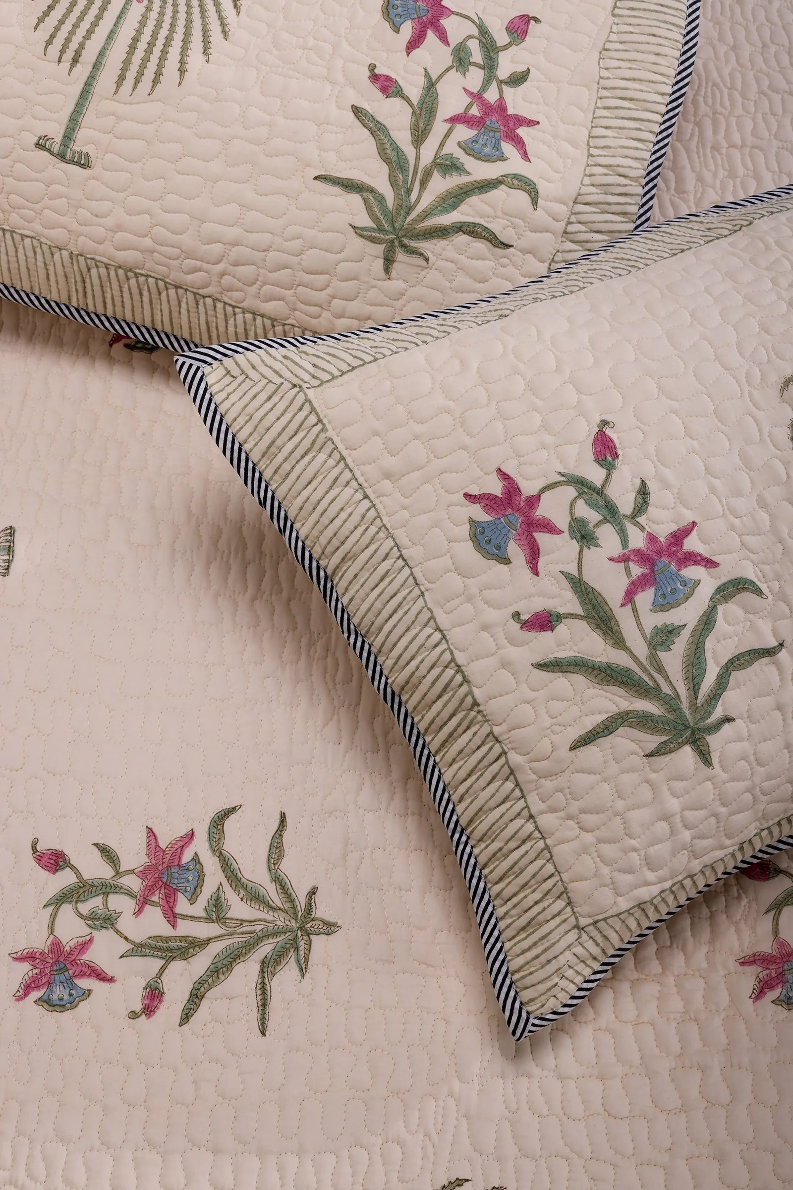 Kashmiri Floral Block Printed Beige Cotton Bedcover