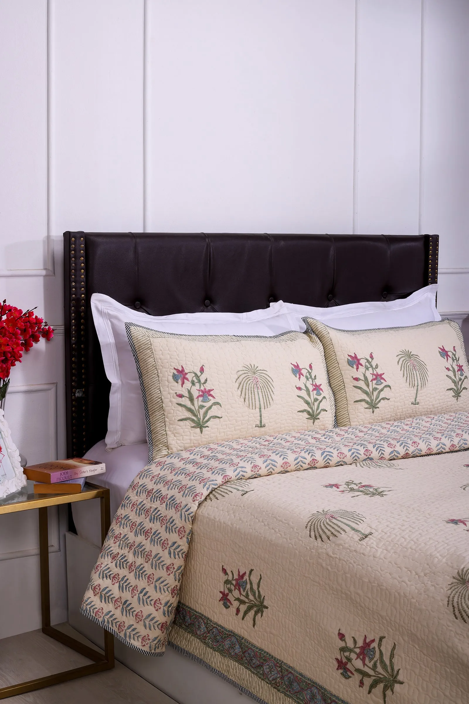 Kashmiri Floral Block Printed Beige Cotton Bedcover