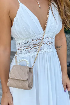 Khaki Faux Pearls Handle Clutch