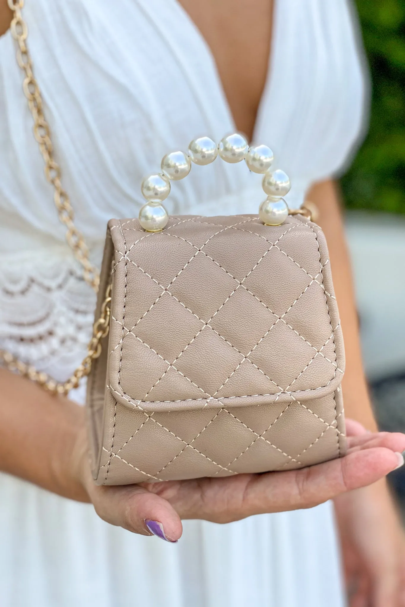 Khaki Faux Pearls Handle Clutch
