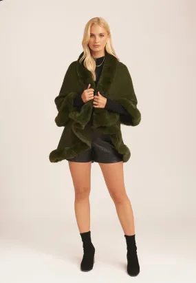 Khaki Fur Trim Double Layer Cape