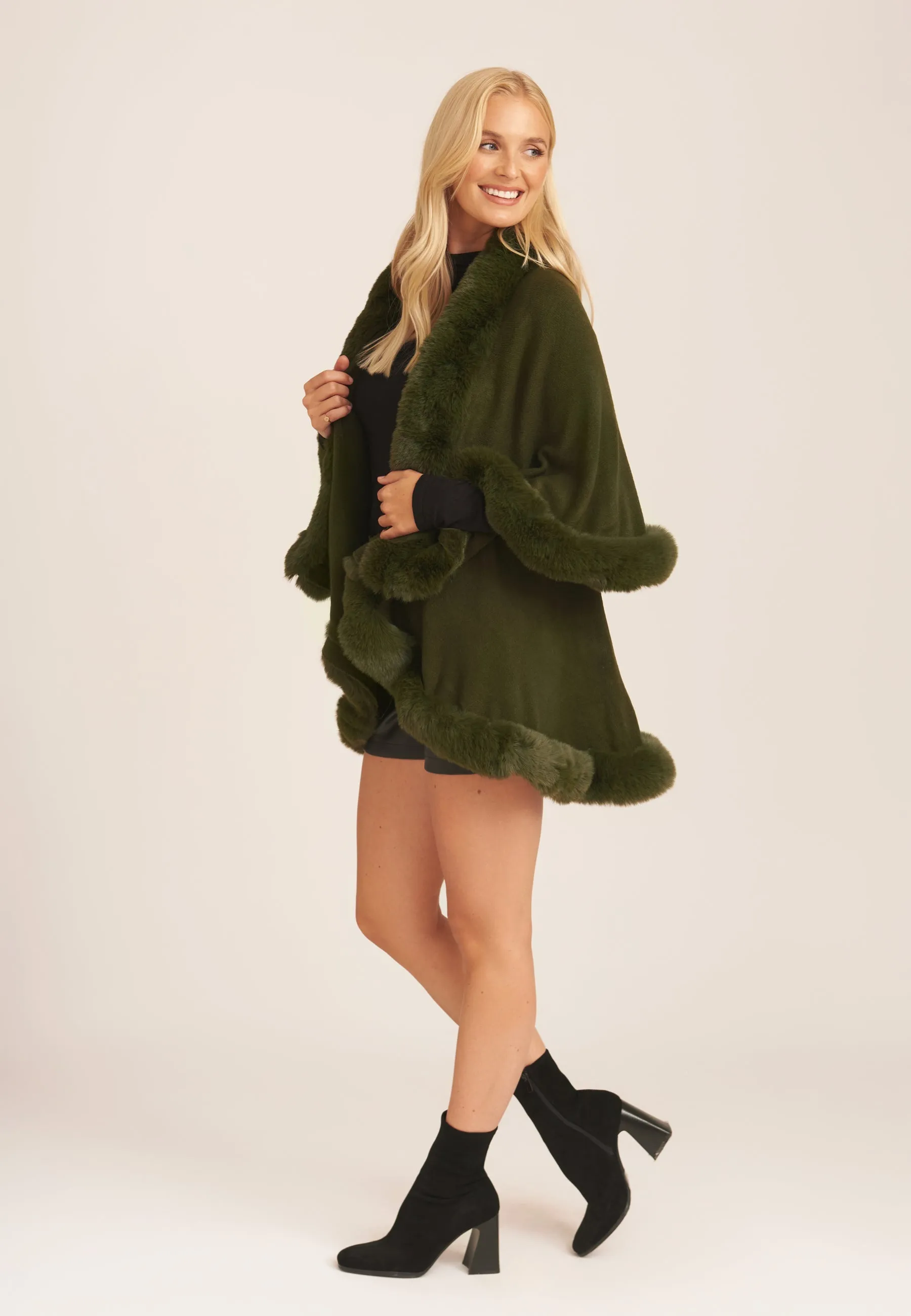 Khaki Fur Trim Double Layer Cape