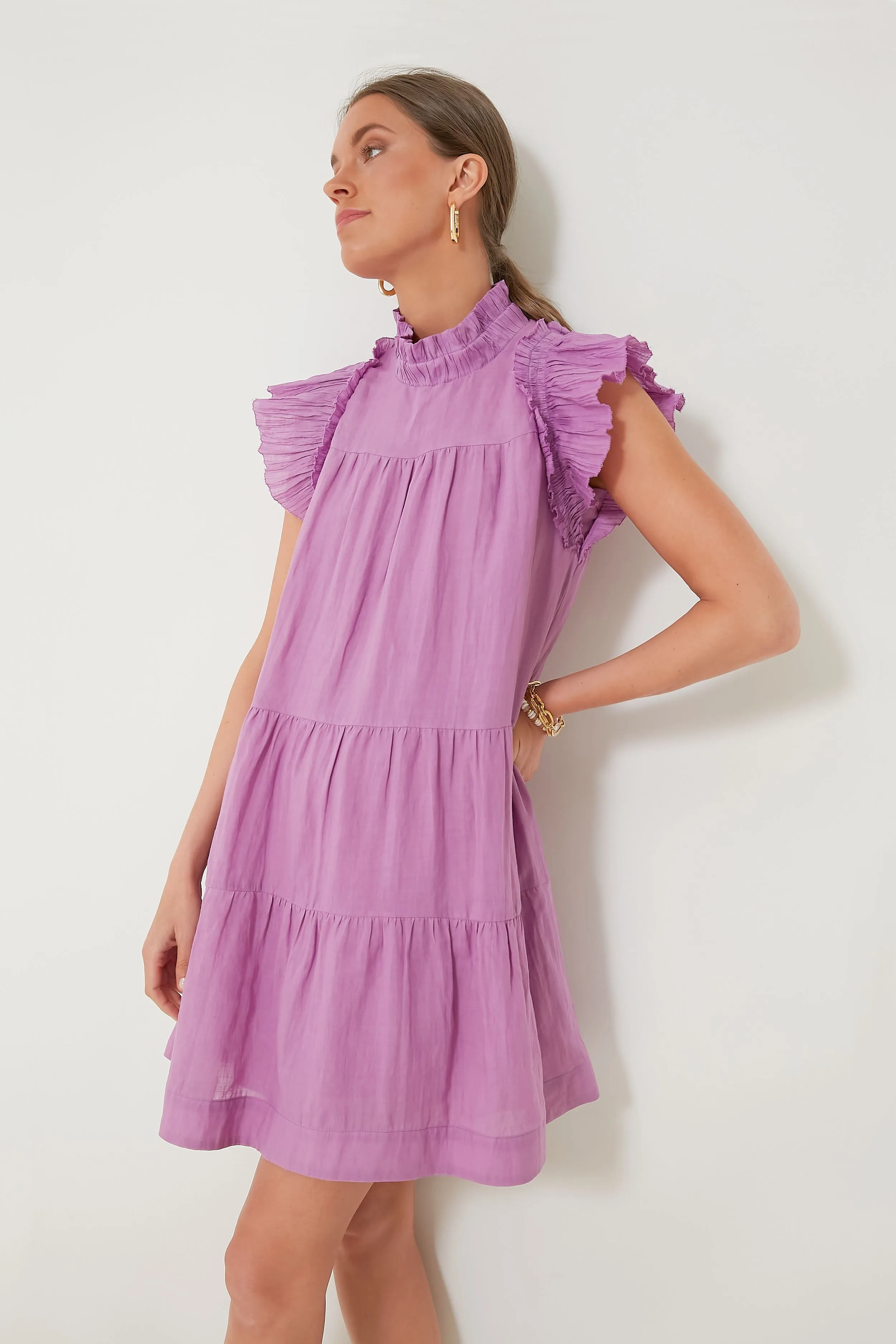 Lavender Micah Solid Ramie Flutter Sleeve Dress