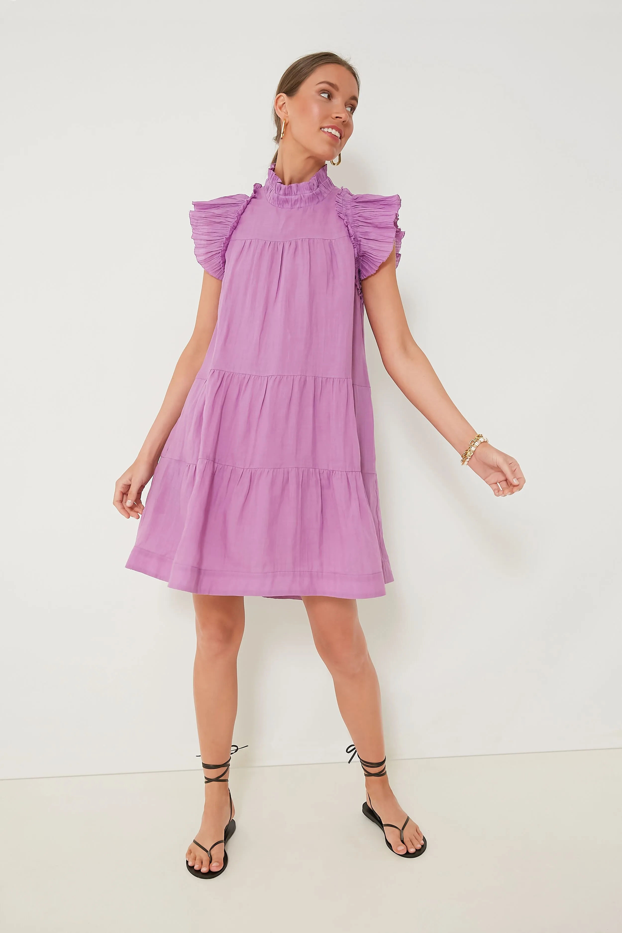 Lavender Micah Solid Ramie Flutter Sleeve Dress