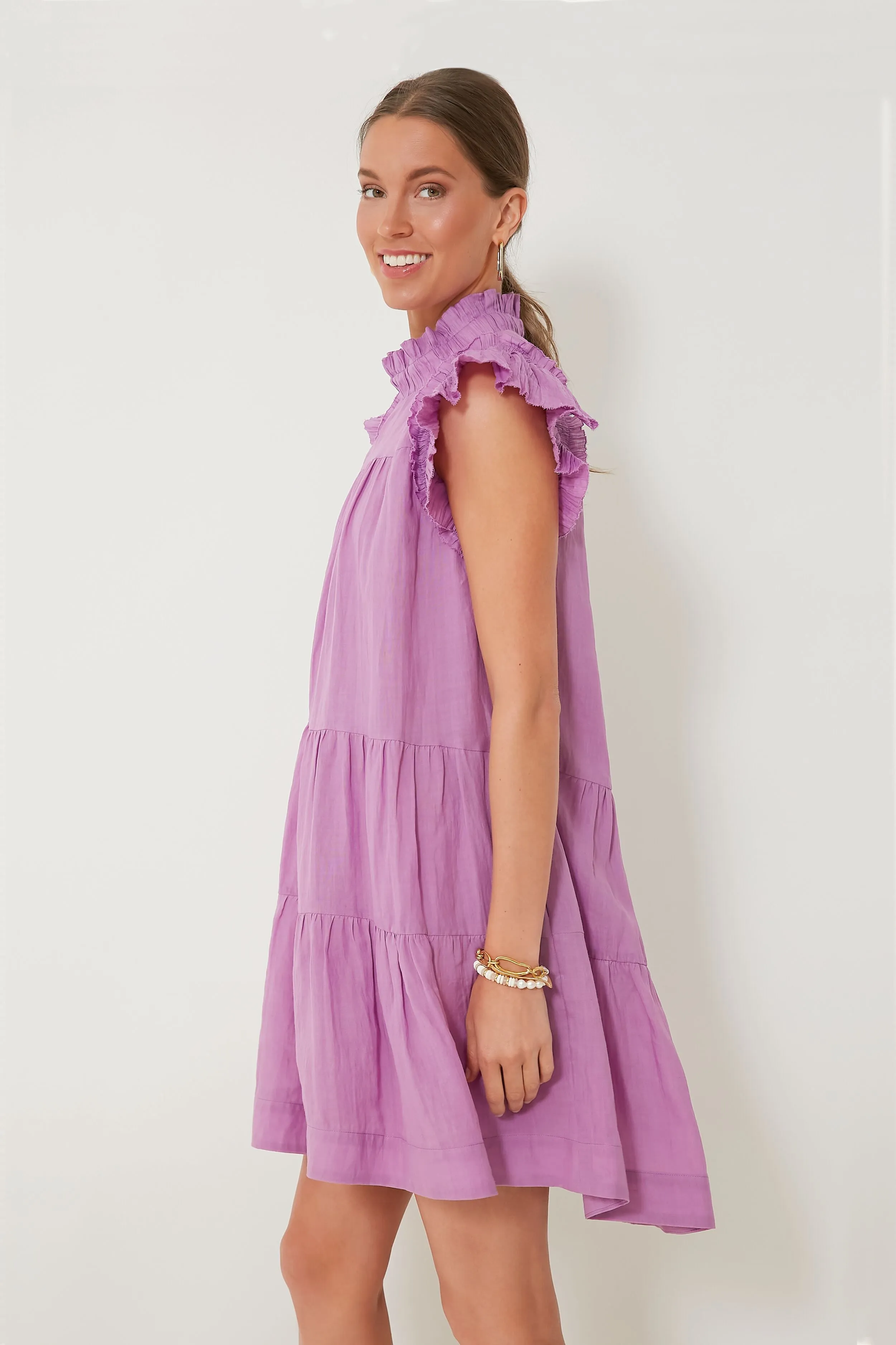 Lavender Micah Solid Ramie Flutter Sleeve Dress