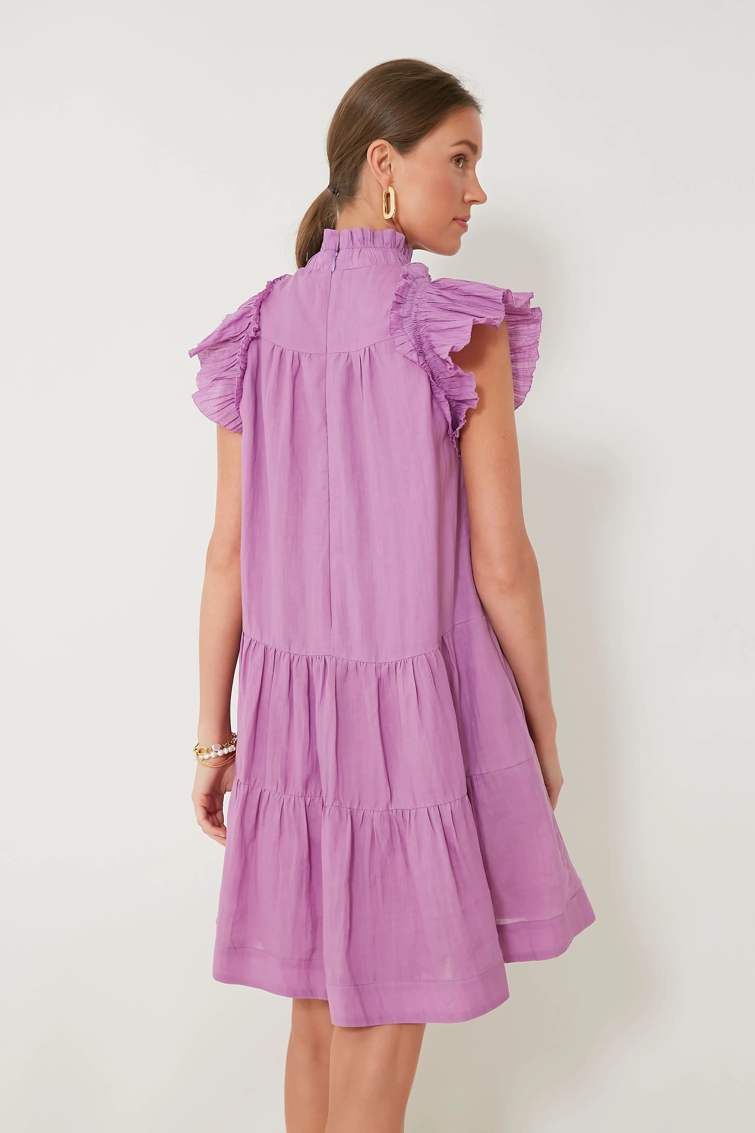 Lavender Micah Solid Ramie Flutter Sleeve Dress