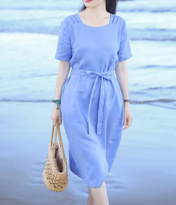 Light Blue Women Dresses Ramie Casual Spring Linen Women Dresses MN97215